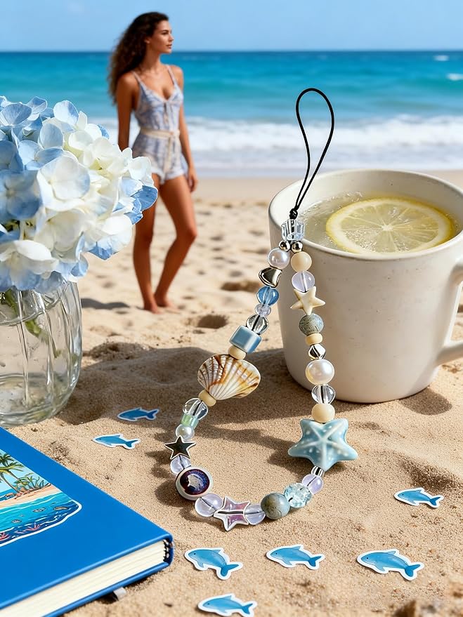 2 Pcs Phone Charm Strap Universal Hand Phone Wrist Strap Camera Lanyard Pearl Beaded Cute Chain String Accessories Universal for iPhone 16 Pro Max Samsung Women Girls Phones Bag Keychain Beach Style - Image 8