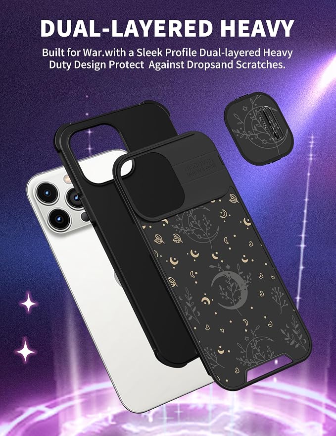 (2in1 for iPhone 15 Pro Case Moon for Women Cute Phone Cover Stars Pretty Space Black Aesthetic Flowers Design with Slide Camera Cover Protective Stand Holder for iPhone 15 Pro Cases 6.1'' - Image 5