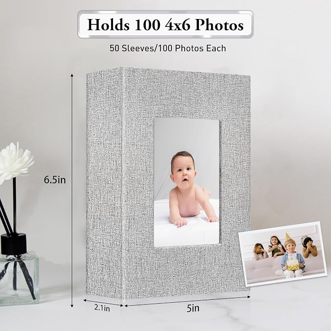 Small Photo Album 4x6,Linen Cover Slide-in Mini Photo Album Book Can Holds 100 4x6 Photos with 50 Black Sheets for Baby Family Pictures Artwork or Postcards Storage (Gray) - Image 3