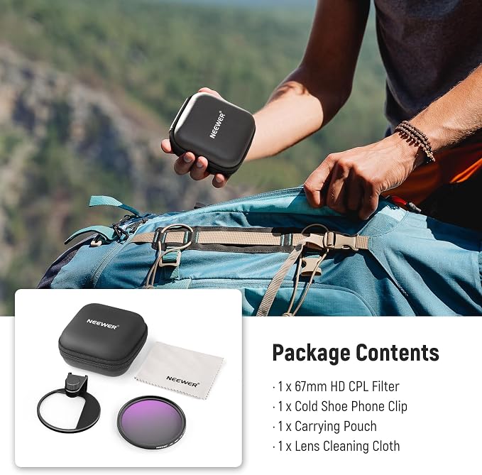 NEEWER 67mm CPL Filter with Cold Shoe Phone Lens Clip, HD Polarizing Filter with Pouch & Cleaning Cloth Compatible with iPhone 17 16 15 Pro Max Plus Samsung Galaxy S25 Ultra Camera - Image 8