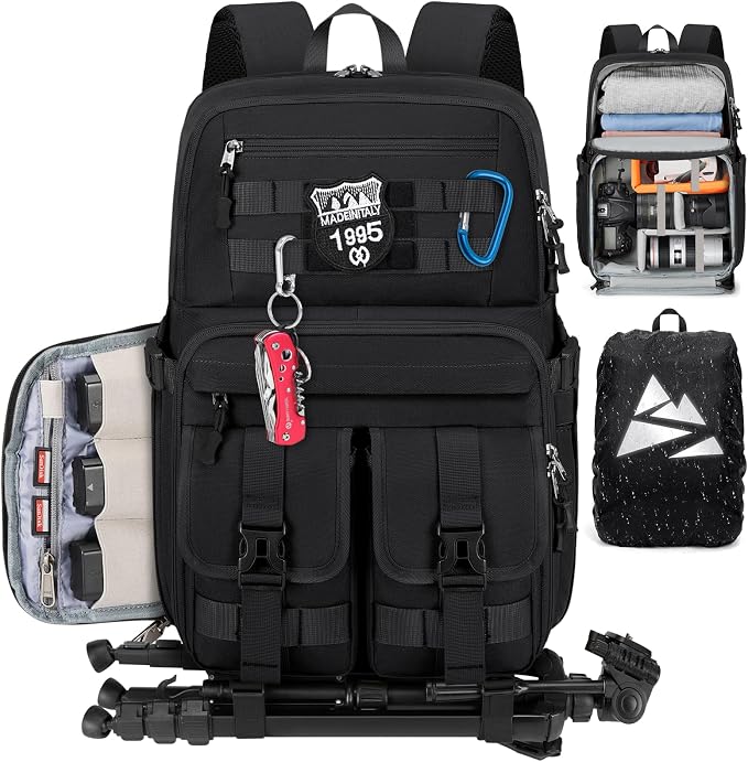 RAINSMORE Camera Backpack, DSLR/SLR/Mirrorless Camera Bag for Photographers | 15.6 Inch, Waterproof Tactical Photography Backpack Case, with Rain Cover & Tripod Holder by RAINSMORE