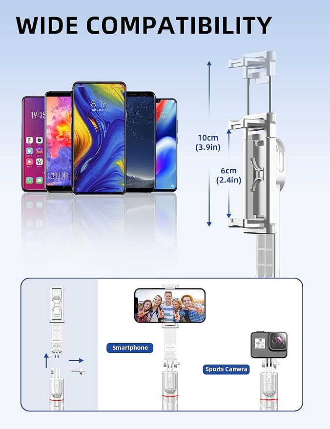 SelfieShow Phone Tripod & Selfie Stick, 41" Extendable Travel Tripod Stand with Detachable Remote, 360 Rotation, Compatible with iPhone/Samsung/GoPro & More (White) - Image 4