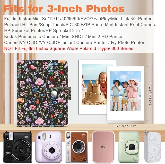 Fintie Mini Photos Album Book for 2x3 Inch Films - 52 Pockets Small Albums | For Fujifilm Instax Mini, Polaroid Hi-Print Pictures, Portable Kpop Photocard Holder, Travel Memory Book, Black Floral - Image 3