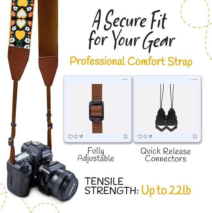 Art Tribute Camera Strap - Shoulder, Crossbody & Neck Camera Strap for Photographers, Fits All Cameras, Canon Nikon Sony Fujifilm, Padded Strap W/Quick Release, Embroidered Cotton & Leather Ends - Image 4