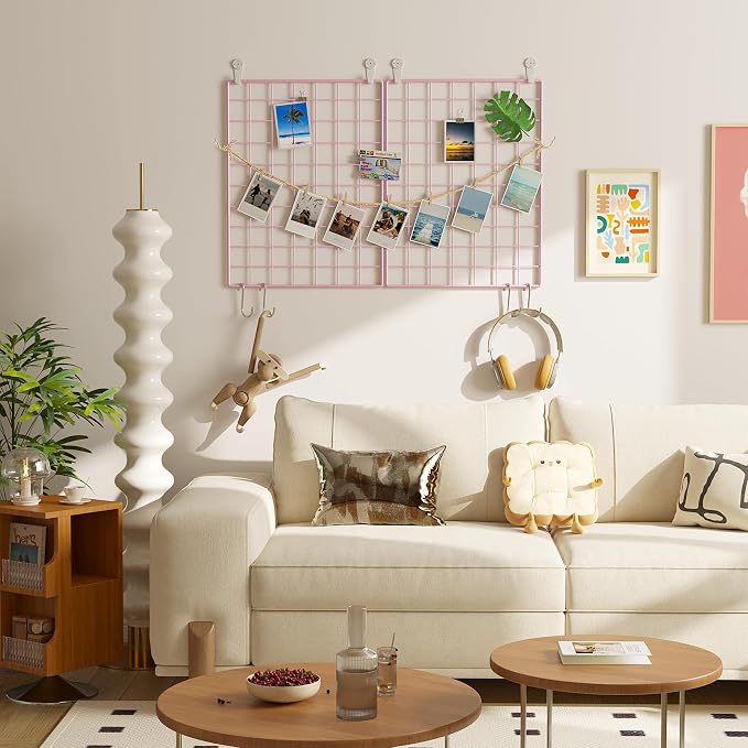 C&AHOME Photo Wall Display Set of 2, Wall Grid Panel, 15.7" x 11.8", Pink | Photo Display Shelves, Wall Storagae Organizer, Hooks, Clips, Hemp Cord, Hammer - Image 2