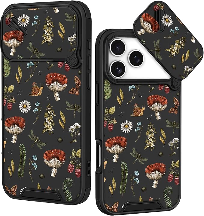 for iPhone 17 Pro Case - Women Cute Phone Cover Girly Pretty Fancy Unique Aesthetic Design Slide Camera Cover Protective Case for Apple for iPhone 17 Pro, Mushroom Floral by Goocrux