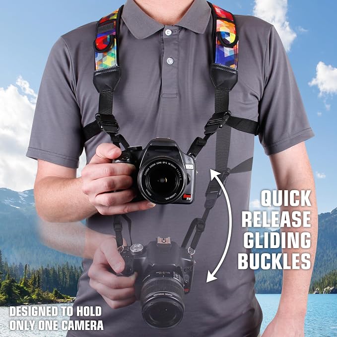USA Gear DSLR Camera Strap Chest Harness with Quick Release Buckles, Geometric Neoprene Pattern and Accessory Pockets - Compatible with Canon, Nikon, Sony Point and Shoot and Mirrorless Cameras - Image 2