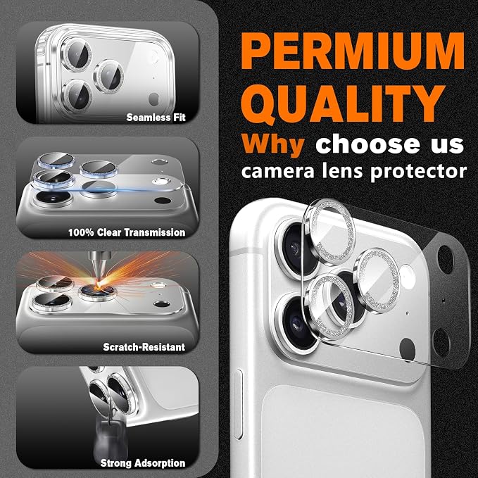 2 Pack for iPhone 17 Pro Max Camera Lens Protector | Bling Tempered Glass 9 Hardness,Anti-Scratch High Definition Camera Screen Protector (Silver) - Image 5