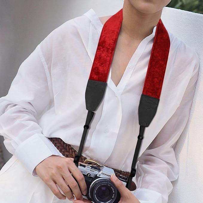 Padwa Lifestyle Velvet Camera Strap - 2" Double Layer Full Grain Cowhide Leather Head Camera Straps for Photographers,Unique Soft Velvet Fabric with Quick Release fits all Cameras - Ruby Red - Image 7