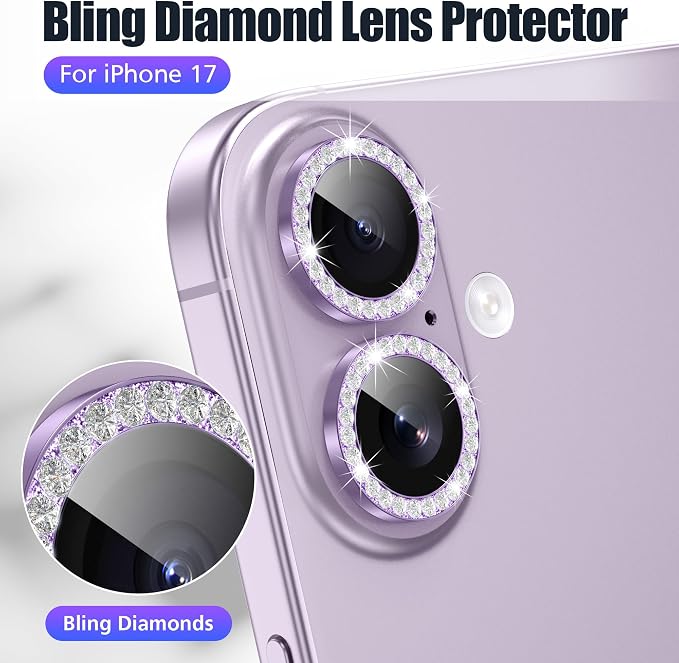 AGVEE 3+3 6 Pack for iPhone 17 Camera Lens Protector Cover | Individual Bling Diamond & Bling Glitter Sparkle Cute Gem Metal Ring, 9H Tempered HD Glass - Image 4