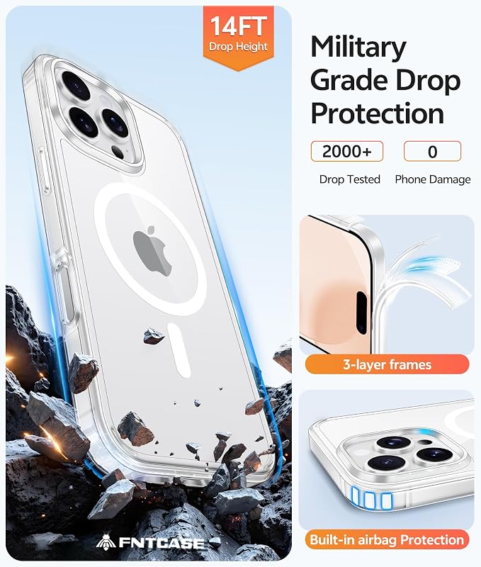 FNTCASE for iPhone 16 Pro Max Case, Fit for Magsafe, Glass Screen Protector | Anti Yellowing, Magnetic Phone Cases, 14FT Military Grade Drop Protection, Slim Shockproof Protective Cover, Clear - Image 5