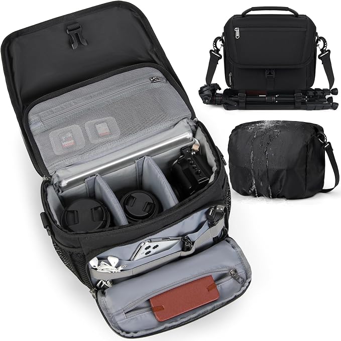 RAINSMORE Camera Bag, DSLR SLR Mirrorless Camera Case for Photographer | Waterproof Camera Sling Bag with Rain Cover & Tripod Holder Soft Padded Crossbody Camera Bag for Sony Canon Nikon Fujifilm by RAINSMORE