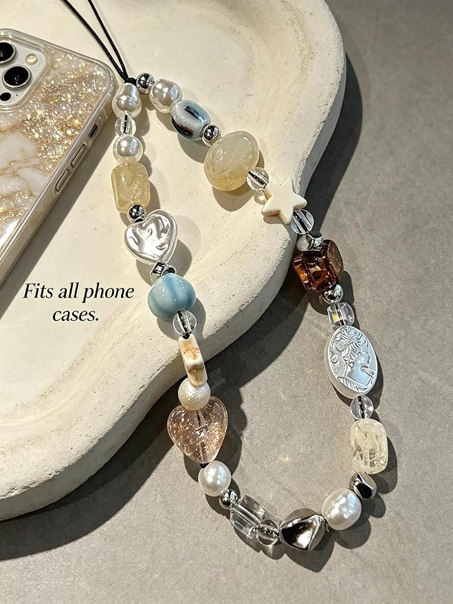 2 Pcs Phone Charm Strap Hand Wrist Strap Camera Lanyard Pearl Beaded Cute Chain String Accessories Universal for iPhone 17 Pro Max 16 15 for Samsung Women Girls Keychain Bags Red Apple and Beach Beads - Image 5