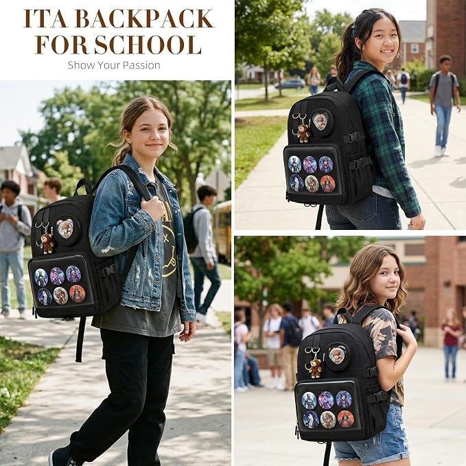 Ita Bag Backpack with Insert - Kawaii Pin Display Clear Window Bookbag, Y2K Aesthetic Laptop Backpack for Anime Cosplay School, Fits 15.6" Laptop, Black - Image 7
