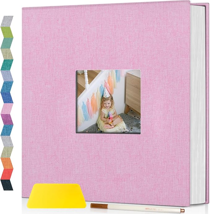 Popotop Photo Album Self Adhesive with Picture Display Window,40 Pages DIY Scrapbooking Supplies Kit for 4x6 10x12 Picture,Linen Cover Memory Book for Baby Wedding, with Scraper and Metallic Pen by Popotop