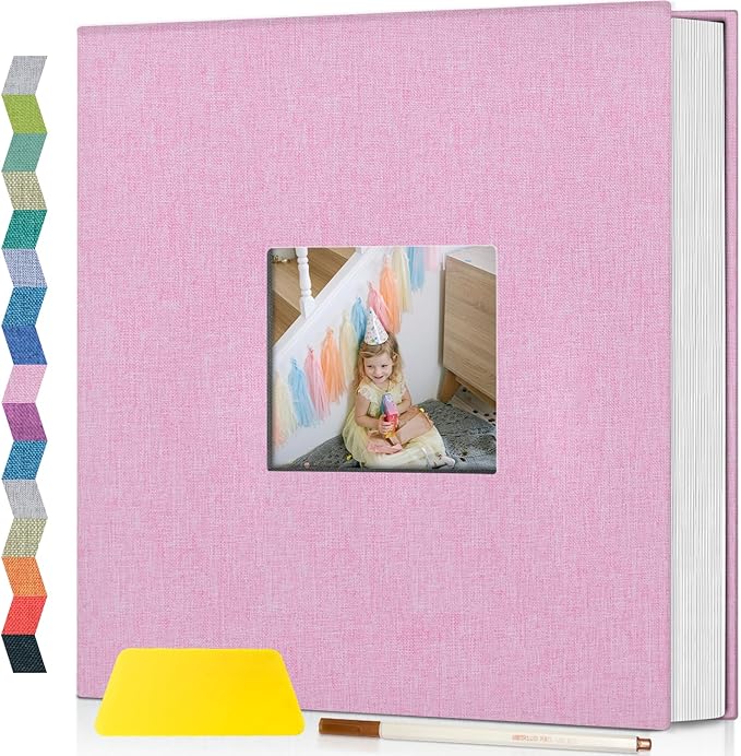 Popotop Photo Album Self Adhesive with Picture Display Window,40 Pages DIY Scrapbooking Supplies Kit for 4x6 8x10 Picture,Linen Cover Memory Book for Baby Wedding, with Scraper and Metallic Pen by Popotop