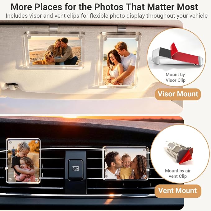 Car Picture Holder for Visor & Air Vent, 4 Pack | Clear magnetic acrylic frames fit Instax Mini, Polaroid Go & wallet-size photos for secure display and easy picture changes - Image 2