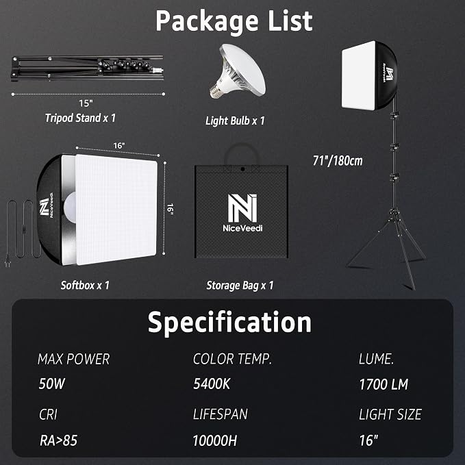 Softbox Lighting Kit, NiceVeedi 16'' x 16'' Softbox Photography Lighting Kit with 63” Tripod Stand & 5400K 450W Equivalent LED Bulb, Continuous Lighting for Photography/Video Record/Live Streaming | with 63” Tripod Stand & 5400K 450W Equivalent LED Bul... - Image 7