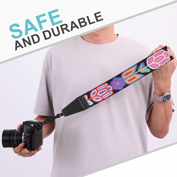 Padwa Lifestyle Colorful Crochet Camera Strap - 2" Full Grain Leather Ends Camera Straps for Photographers, Vintage Woven Cotton Soft Suede Fabric Padded Strap with Quick Release fits All Cameras - Image 7