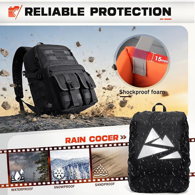 RAINSMORE Camera Backpack, DSLR/SLR/Mirrorless Camera Bag for Photographers | 15.6 Inch, Waterproof Tactical Photography Backpack Case, with Rain Cover & Tripod Holder - Image 4