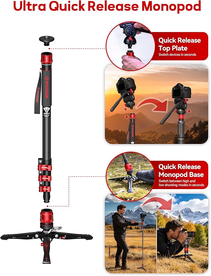 IFOOTAGE Cobra 3 C180F-P+K5S Carbon Fiber Video Monopod 71" | Fluid Head Travel Monopod Kit for Canon Nikon Sony Olympus Panasonic DSLR Camera, Payload 17.64lbs/8KG - Image 4