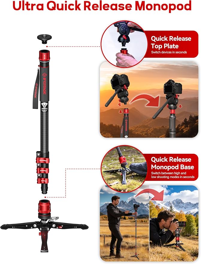 IFOOTAGE Cobra 3 C180F-P+K5S Carbon Fiber Camera Monopod 71" | Travel Monopod with Feet, 1/4" & 3/8" Quick Release Compatible with Sony Canon Nikon DSLR Camera, Payload 17.6lb - Image 6