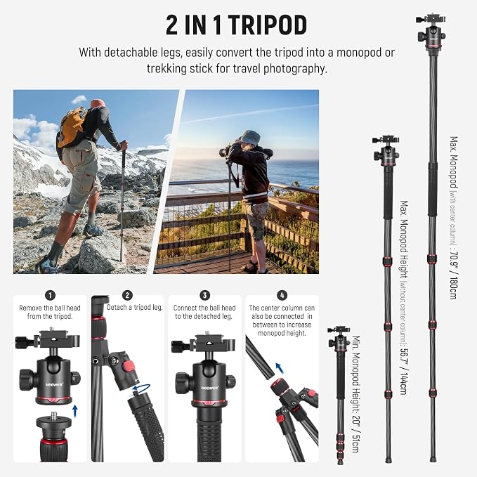 NEEWER 66"/168cm Carbon Fiber Camera Tripod with 360° Ball Head, N55C | Panorama, 1/4" Arca QR Plate, Portable Bag, Compact Travel Tripod Monopod for DSLR Video Camcorder, Max Load 26.5lb/12kg - Image 6