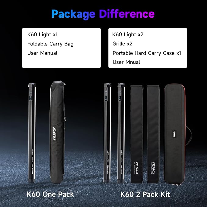 VILTROX K60 2 Pack Large Handheld Stick Light, 32Wh Rechargeable Battery 20W 1950lm RGB LED Video Light w PD Fast Charging CRI 97+ 2500K-8500K LCD Display, 22.8" Tube Light for Photography Light Wand - Image 8