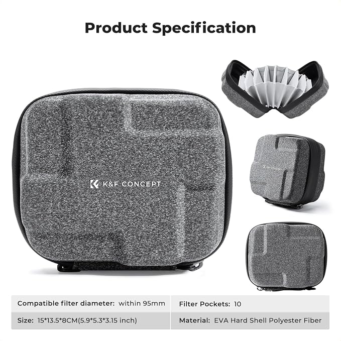 K&F CONCEPT 10 in 1 Lens Filter Case, Filter Bag Up to 95mm | Hard Shell Camera Filter Pouch, Hand Strap, Waterproof, For ND UV CPL Filter, BF01 - Image 7