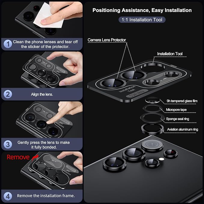 WSKEN for Samsung Galaxy S24 Ultra Camera Lens Protector - Ultra Thin | Case Friendly, 9H Shatterproof Tempered Glass, Anti Scratch Metal Circle, Camera Screen Protector Cover Accessories, Black - Image 6