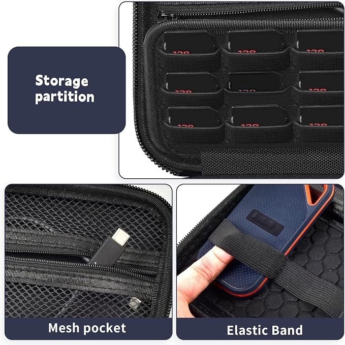 PAIYULE Dual SSD Case for 2 SanDisk Extreme Portable SSDs & Extreme PRO | Elastic Straps Secure Two Drives, Mesh Pocket Organizes Cables, Carabiner Adds Portability, Black, Case Only - Image 3