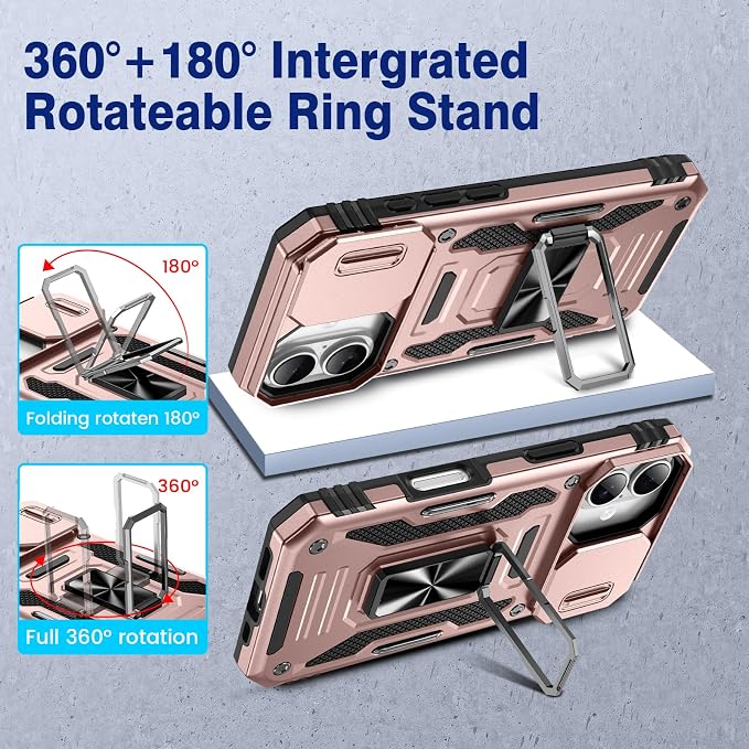 VEGO for iPhone 16 Case with Stand and Slide Camera Cover Rose Gold | Privacy Tempered Glass Screen Protector & Ring Kickstand Military Grade Protection Cover for iPhone 16 - Rose Gold - Image 4