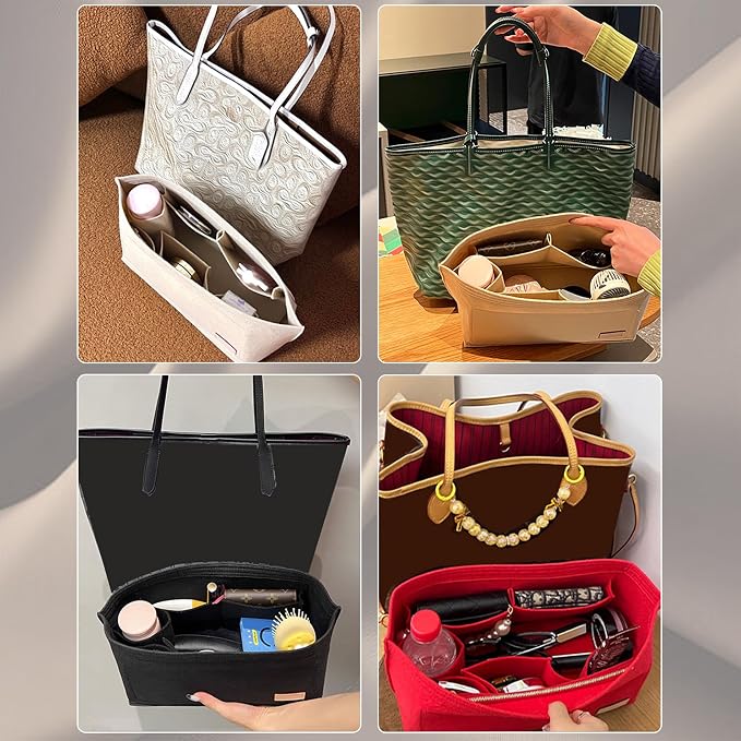 Doxo Purse Organizer Insert for Handbags & Base Shaper 2pc Set, Felt Neverfull MM Organizer Insert, Tote Bag Organizer with Zipper Pocket and Bottle Holder, Fit Speedy 30 Neverfull MM and More,Beige-L - Image 8