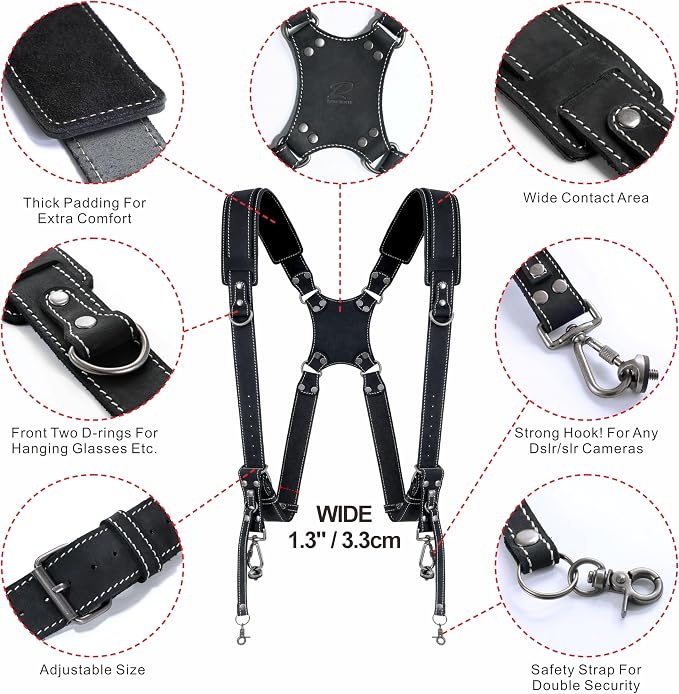 Padwa Lifestyle Black Frosted Dual Camera Harness Strap with Padded for Two Cameras -Full Grain Leather Dual Camera Harness,Multi Camera Gear for DSLR/SLR Strap,Double Camera Harness for Photographers - Image 5