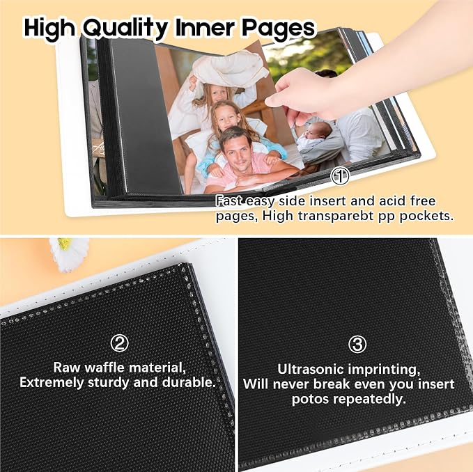 Aevdor 8x10 Photo Album, 168 Photos, Leather Cover, White | Large Capacity, Side-Loading Clear Pockets, Vertical 8x10 Layout, Black Inner Pages, Wedding, Travel, Baby & Family Memories - Image 4