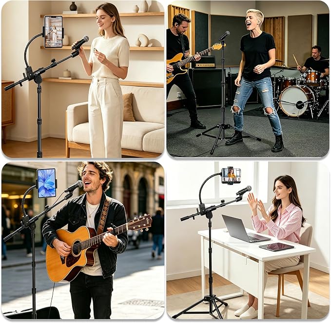 Microphone Floor Stand with Phone/Tablet Holder, Adjustable Boom Mic Stand with Heavy-Duty Base, Dual Device Mount for Streaming, Podcasting, Recording, and Live Performances GMS-04 - Image 8