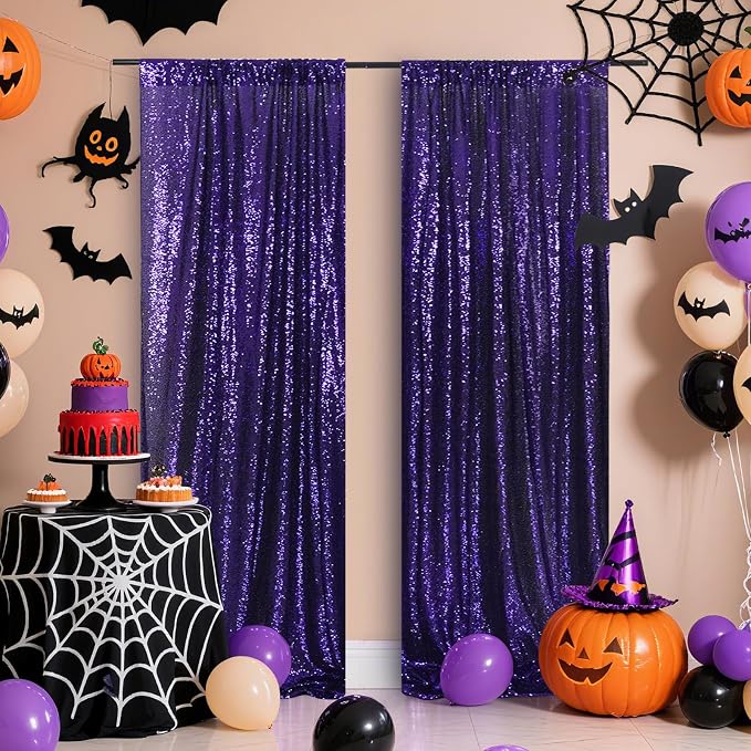 Poise3EHome 2ft x 8ft Purple Sequin Photography Backdrop Curtain 2 Panels for Halloween Party Decoration - Image 5