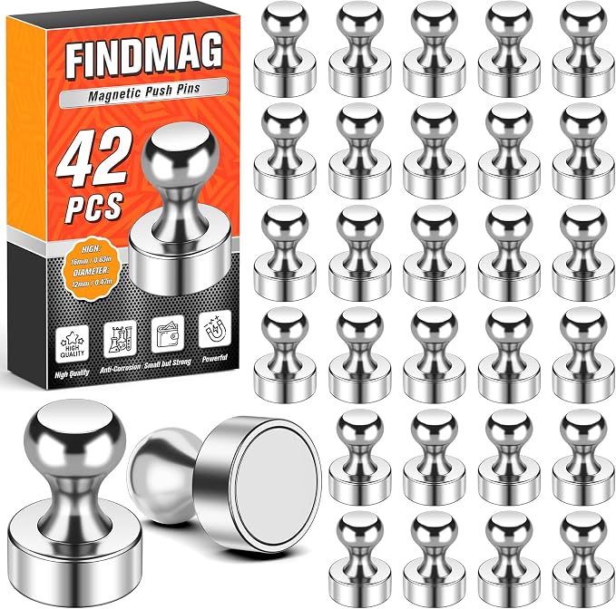 FINDMAG Fridge Magnets, Magnets for Whiteboard, 42 Pack, Silver | Magnetic Push Pins for Office, Locker and Classroom Photos and Pictures Display, Accessories Decorative, Reusable Design by FINDMAG