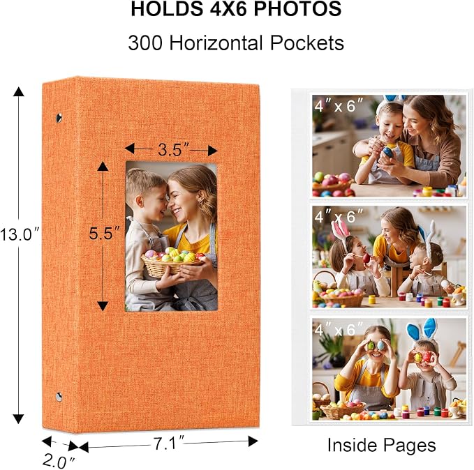 Vienrose 4x6 Photo Album,300 Pockets,Linen Cover with Window,Orange | Linen Hardcover, Slip In Photo Book, Family Memory Album, Travel Keepsake - Image 6