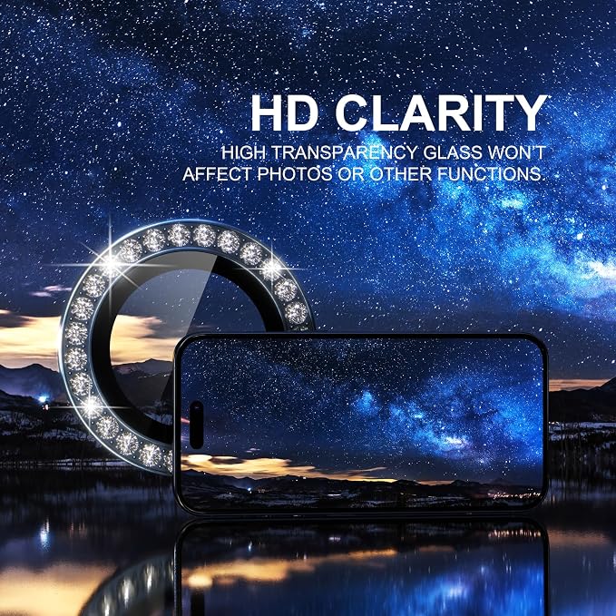 Choiche for iPhone 15 Pro/iPhone 15 Pro Max Camera Lens Protector | Ultra HD, Bling 9H Tempered Glass Camera Cover Screen Protector Metal Ring Decoration Accessories (Diamond-Blue) - Image 5