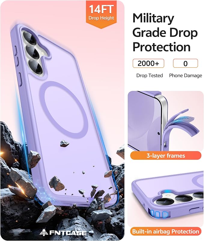 FNTCASE for Samsung Galaxy S25/S24 Case, Fit for Magsafe, Screen Protector | Translucent Matte Magnetic Back, 14FT Military Grade Drop Protection, Shockproof Protective Phone Cover, Light Purple - Image 5