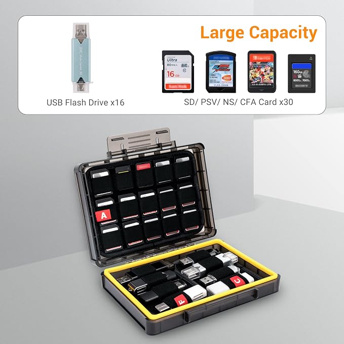 JJC Hard Flash Drive SD Card Case Holder for 16 USB Type A/C & 30 SD Cards | Water-Resistant & Shockproof Thumb Drive Storage Case, PC Shell with Snap Closure, Double-sided Flap & Elastic Slots Design - Image 2
