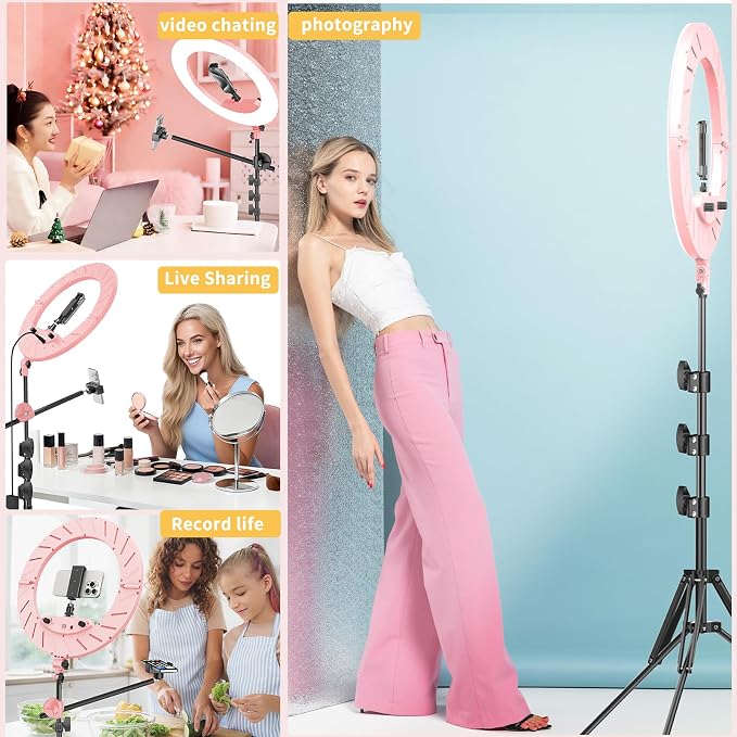 55W18 45cm Ring Light Kit [New Version] 6700K Dimmable LEDRinglightTripod Stand Dual Phone Holder for iPhone Selfie Makeup LashTattoo Studio Lighting Painting,Photo Video Recording (Pink) - Image 8
