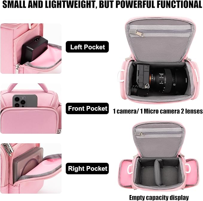 CADeN Compact Camera Shoulder Crossbody Bag Case Compatible for Nikon, Canon, Sony SLR/DSLR Mirrorless Cameras and Lenses Waterproof(1.0 S, Pink) - Image 3