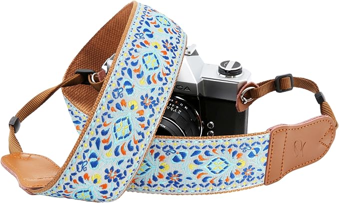 Padwa Lifestyle Blue Vintage Embroidered Camera Strap - 2" Pure Cotton Cowhide Ends Camera Straps for All DSLR/SLR Cameras, Adjustable Universal Strap,Great Gift for Men & Women Photographers - Image 8
