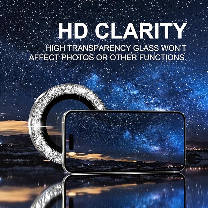 Choiche for iPhone 16 Pro/iPhone 16 Pro Max Camera Lens Protector | Ultra HD, Bling 9H Tempered Glass Camera Cover Screen Protector Metal Ring Decoration Accessories (Glitter-Silver) - Image 5