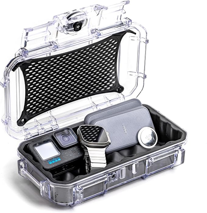 Evergreen Dry Box Tech Organizer – For Camera, Cables, Hard Drives, Memory Cards, Keys, Compatible with GoPro, Airtags (Medium, Rubber Boot, Clear) by EvergreenCases