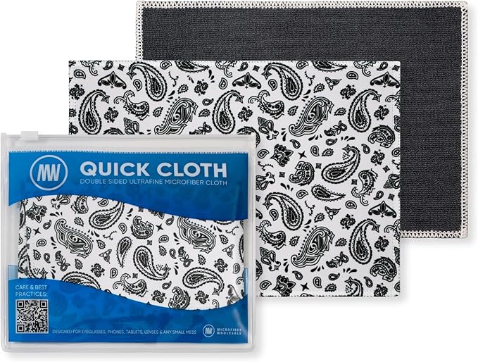 Microfiber Wholesale Quick Cloth Glasses Cleaning Cloths 5x7 Paisley White | 2-Pack with Case | Double-Sided Lens Cleaner for Eyeglasses, Camera & Screens | Reusable Microfiber Glass Polishing Cloths by MicrofiberWholesale