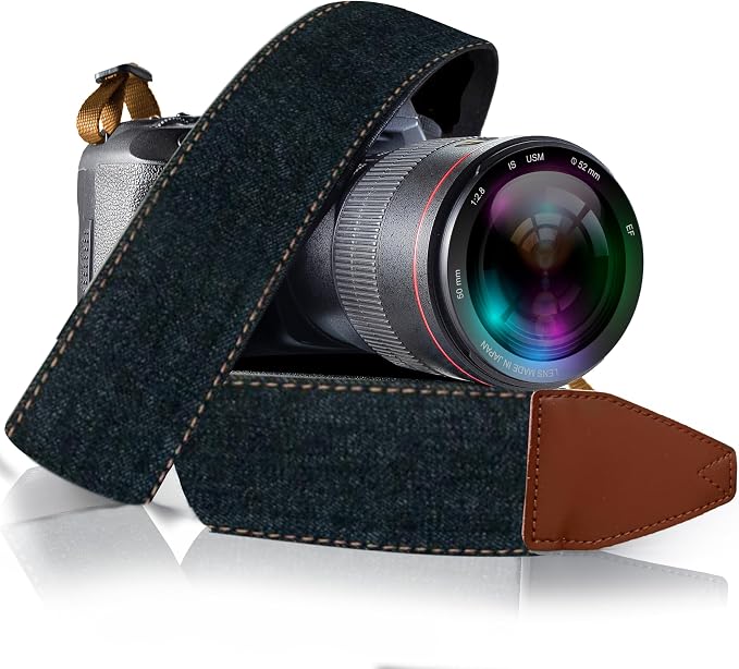 Camera Strap - Shoulder, Crossbody & Neck Camera Strap for Photographers, Fits All Cameras, Canon Nikon Sony Fujifilm, Padded Strap W/ Quick Release, Embroidered Cotton & Leather Ends, Blue Jeans by ArtTribute