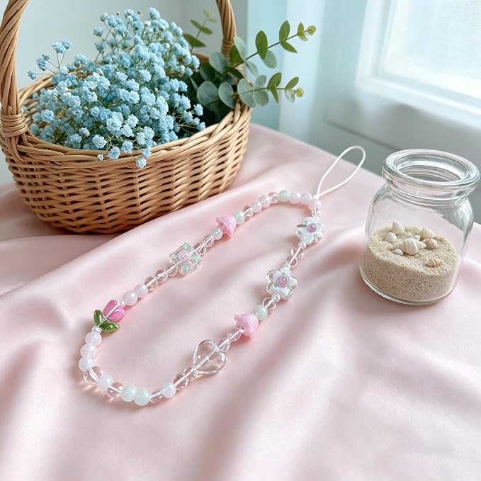 2 Pcs Phone Charm Strap Hand Wrist Strap Camera Lanyard Pearl Beaded Cute Chain String Accessories Universal for iPhone 17 Pro Max 16 15 for Samsung Women Girls Keychain Bag Pink Flower and Bows Heart - Image 6